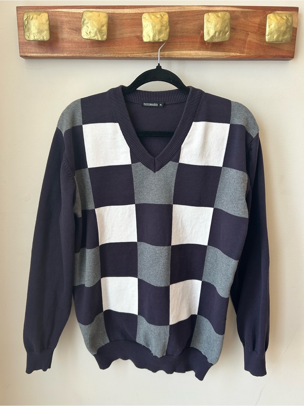 Mint Republic Colorblock Check V-Neck Knit Sweater XL Preppy Golf Dadcore